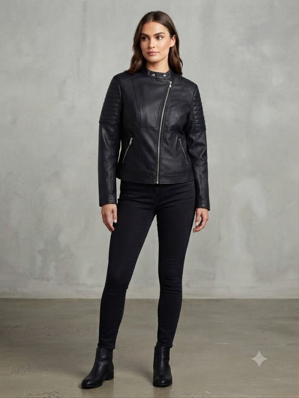 Urban Republic Black Faux Leather Zip Moto Biker Jacket Size M Quilted Shoulder
